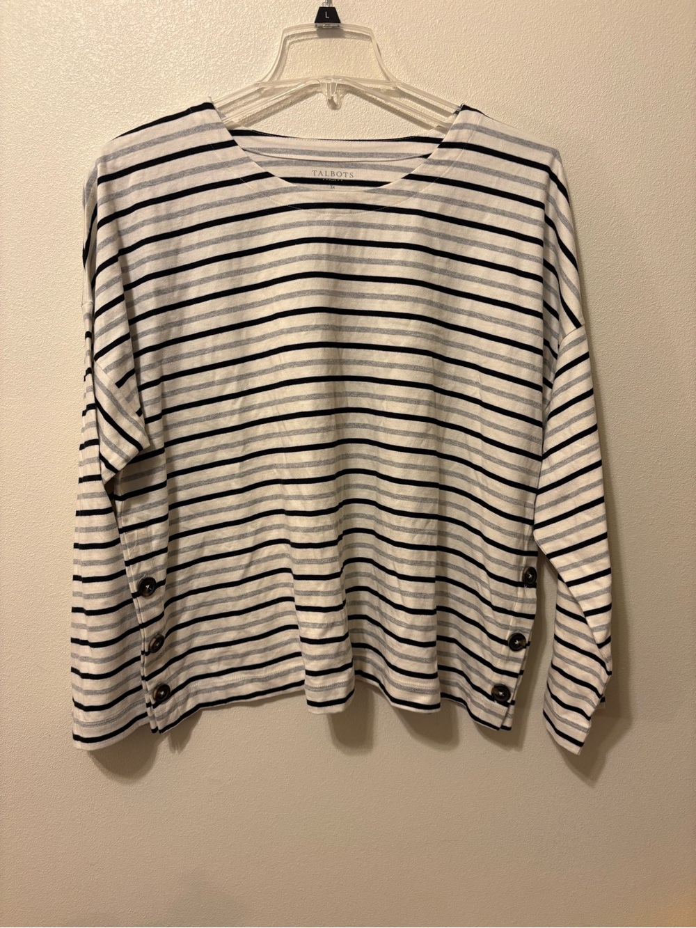 Talbots Women's White and Grey Striped Button-Side Long Sleeve Top